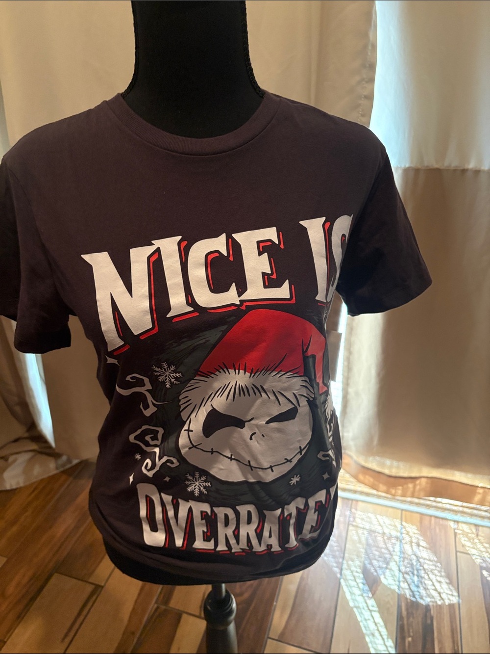 Disney Black Tee with Red and White Holiday Skull Graphic